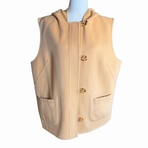 St John Wool Angora Cashmere Button Up Hooded Vest Camel Sewn By Hand XL Preppy